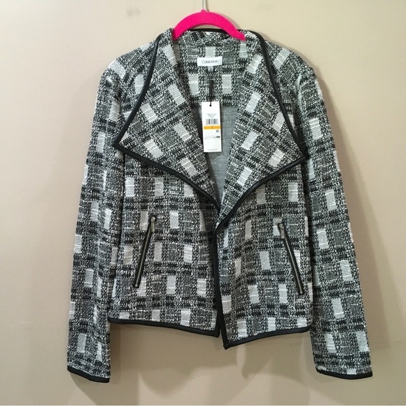 NWT Calvin Klein Black & White Tweed Open-Front Jacket with Faux Leather Trim S - Picture 2 of 7